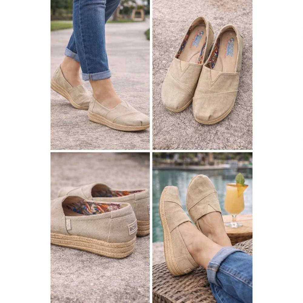 Cottage Core Boho Coconut BOBS Homestretch Taupe Linen Espadrille Wedge Sz8